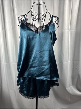 Satin Lace-Trim Cami & Short Sleep Set — Teal Blue
